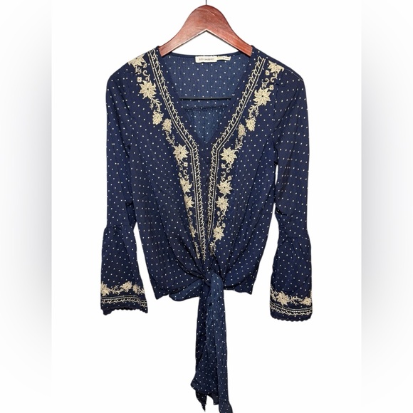 Blu Pepper Tops - Blu Pepper Navy Floral Embroidered Blouse Tie Waist S